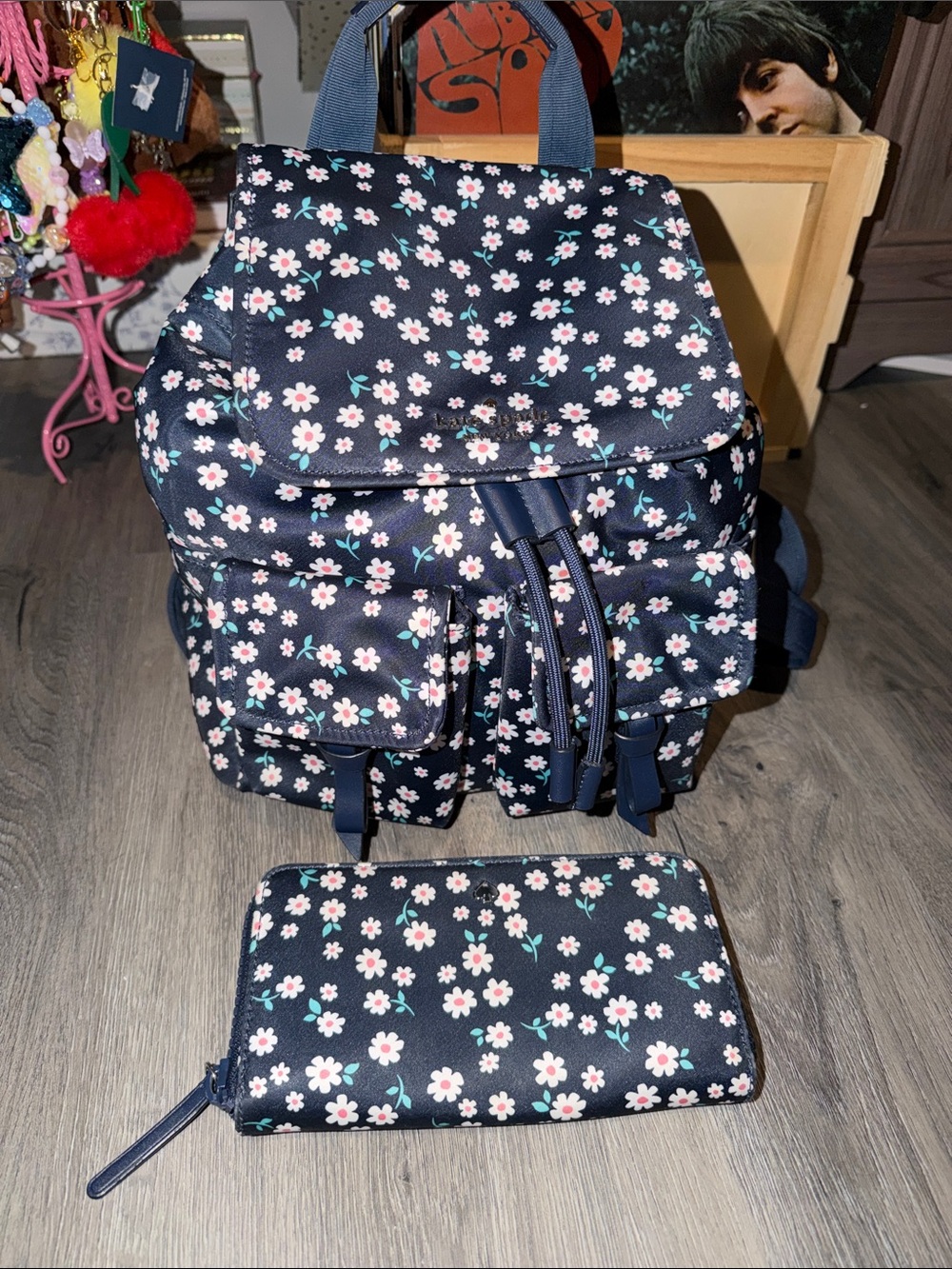 Kate spade Navy Floral Canvas Backpack with Matching Wallet